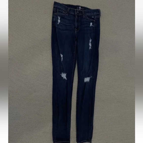 7 For All Mankind Denim - 7 for all mankind mid-rise the skinny ripped denim blue jeans - size 29
